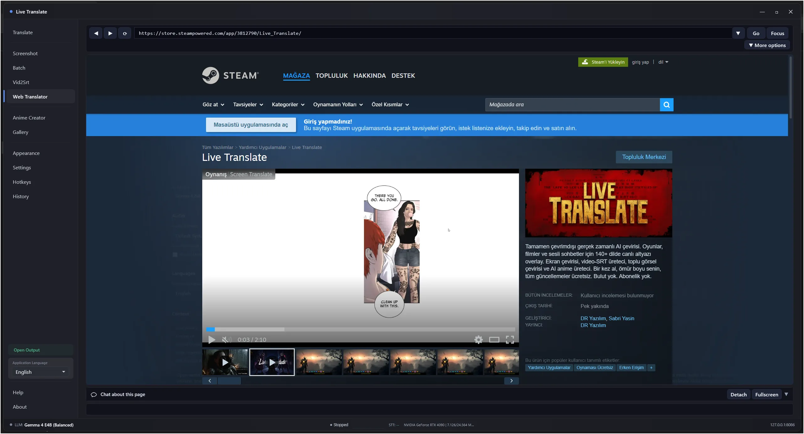 Built-in AI Browser open on the Steam store