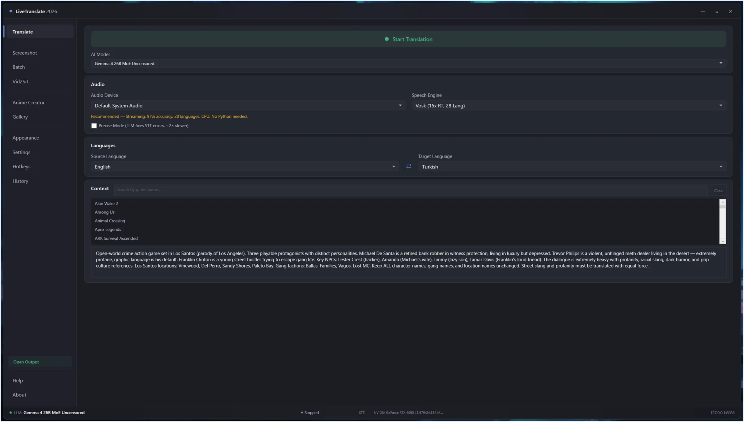 Live Translation tab