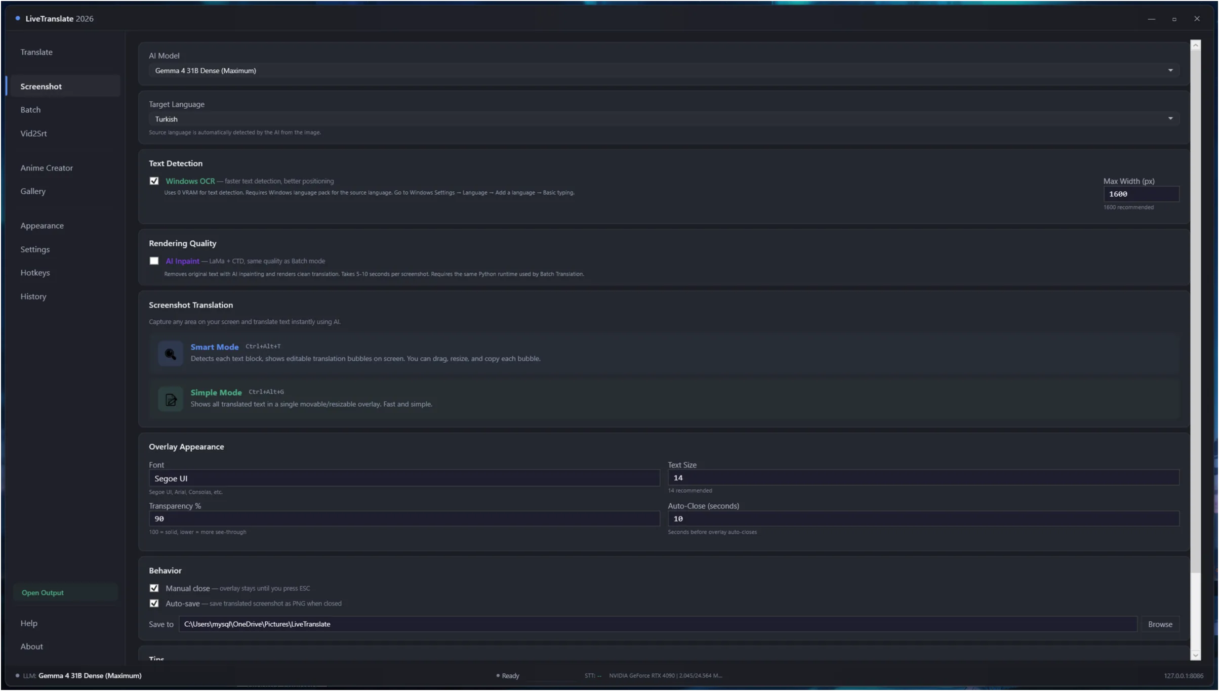 Screenshot Translation settings