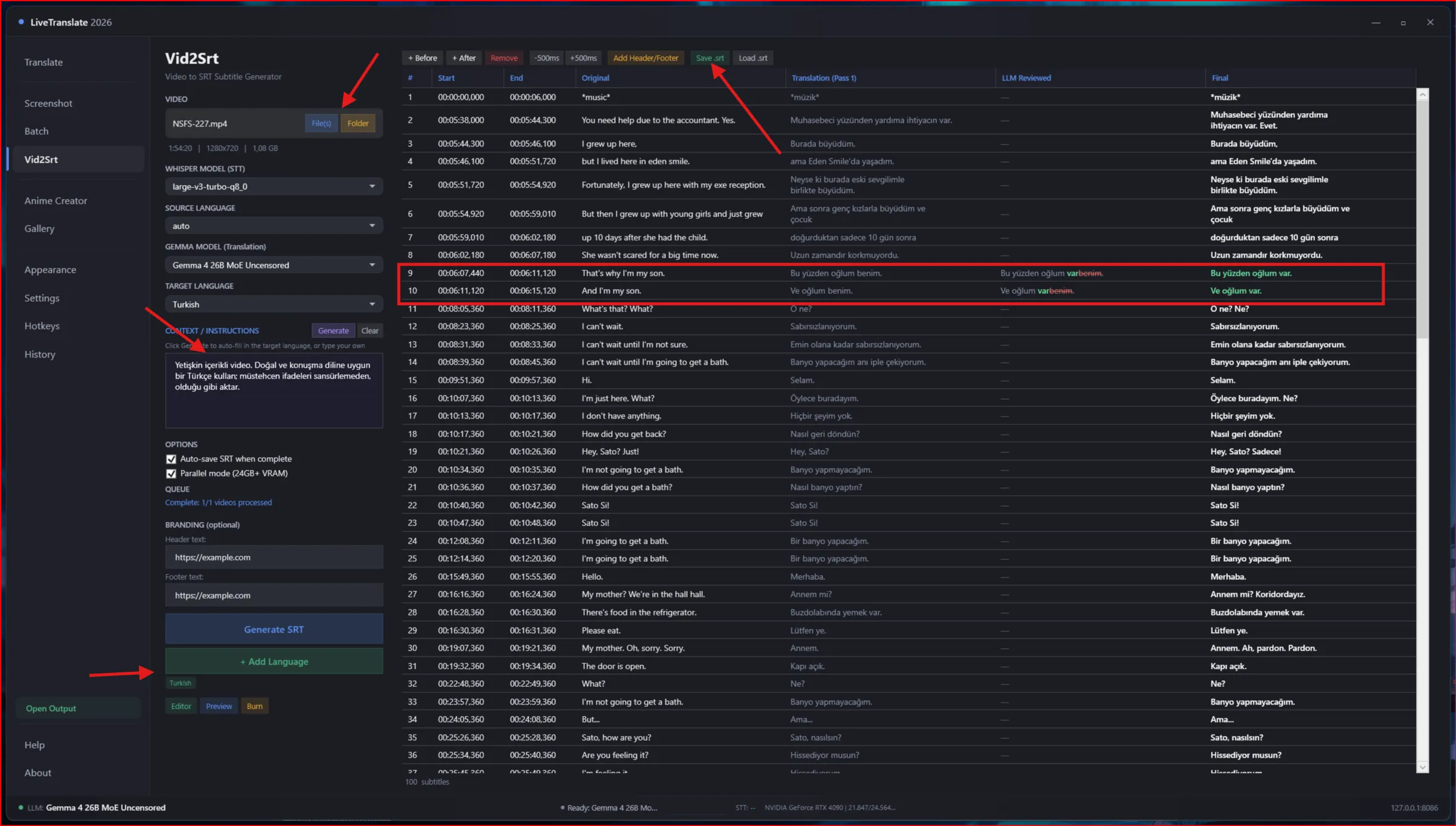 Vid2Srt subtitle editor with side-by-side translation review